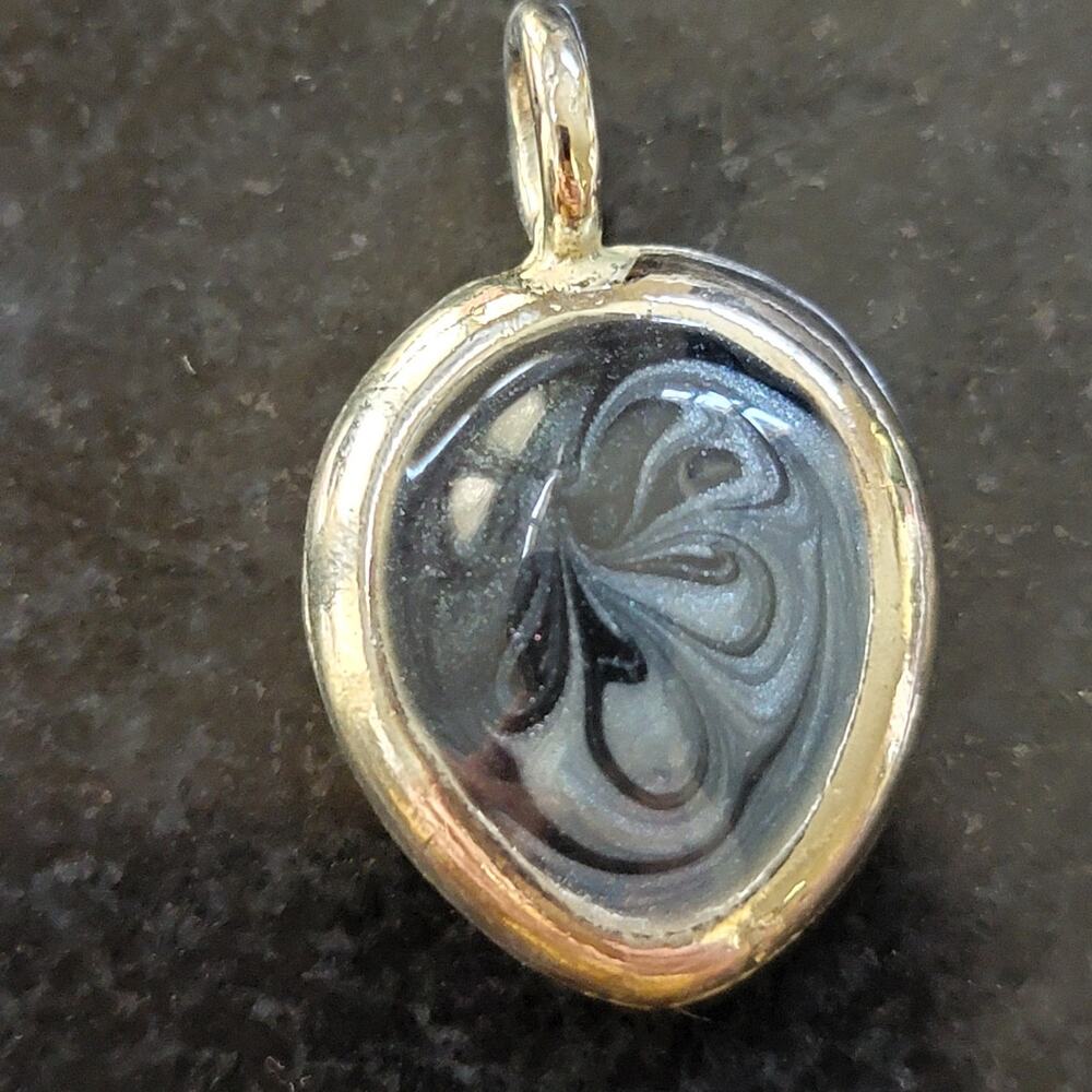 Oval Black Marbled Cabochon Pendant Silver Tone Bezel Charm Dangle Small Mini
